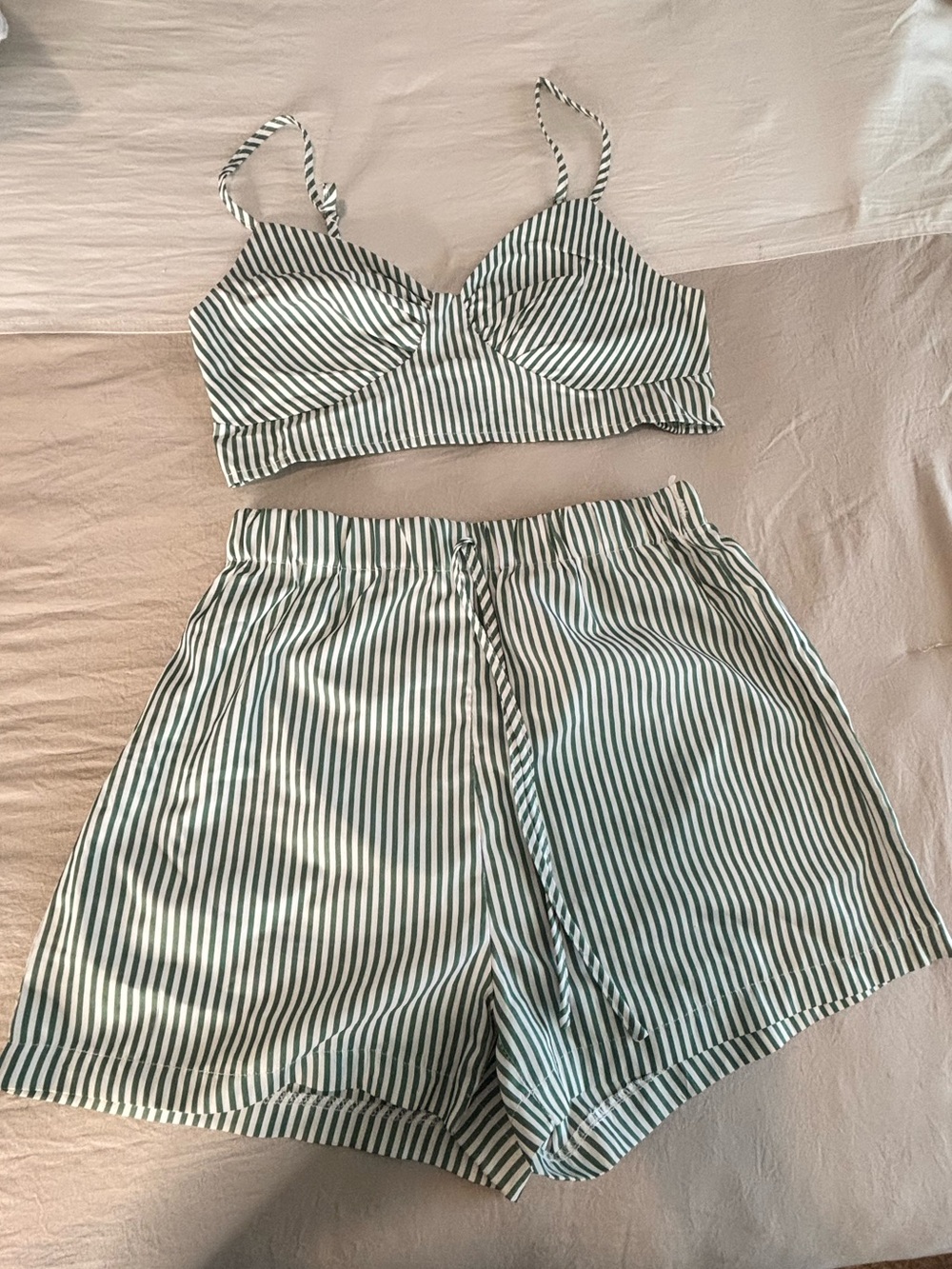 SHEIN Green & White Vertical Stripe Crop Set